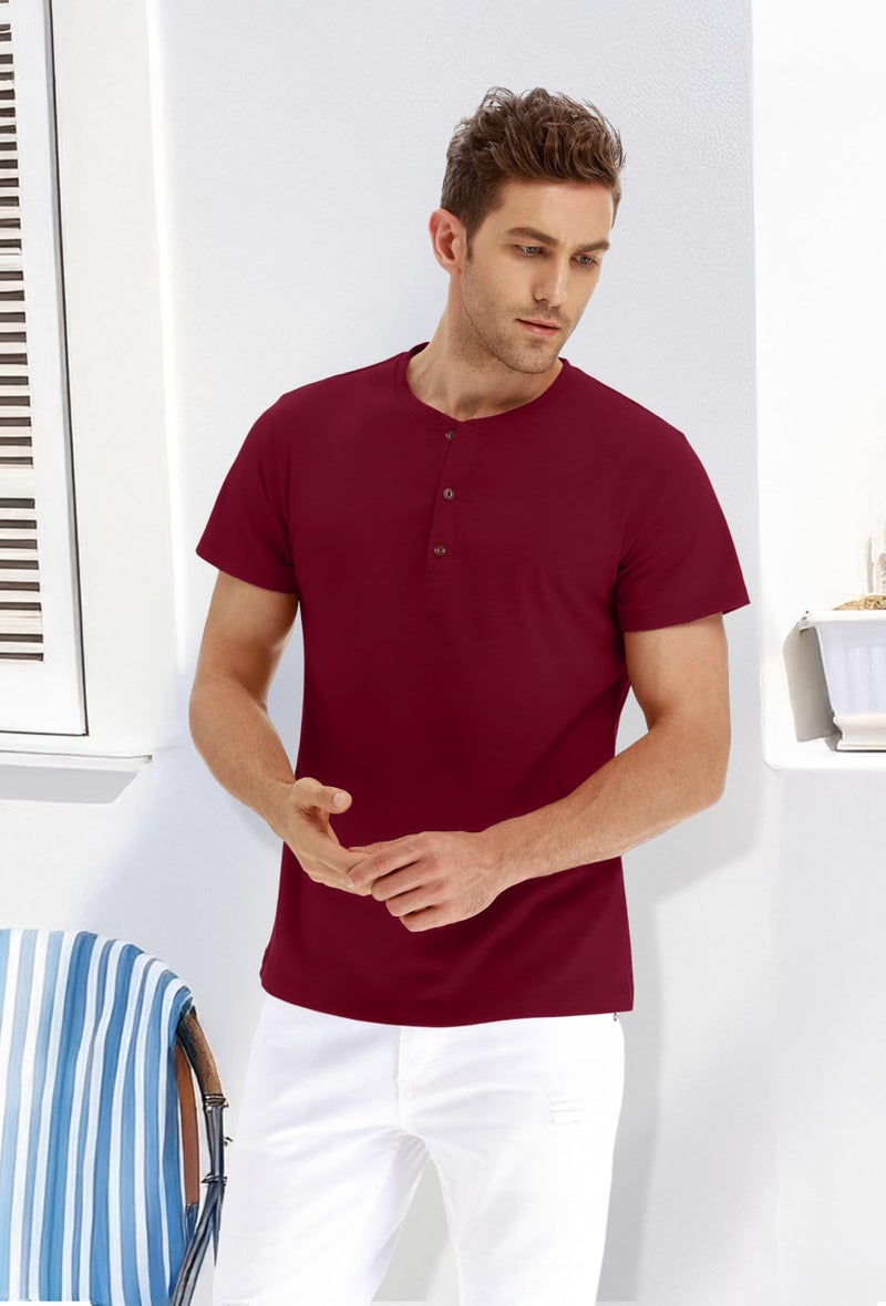 PEGENO Men's Casual Slim Fit Short Sleeve Henley T-Shirts Cotton Shirts Wine Red-US L - Image 4